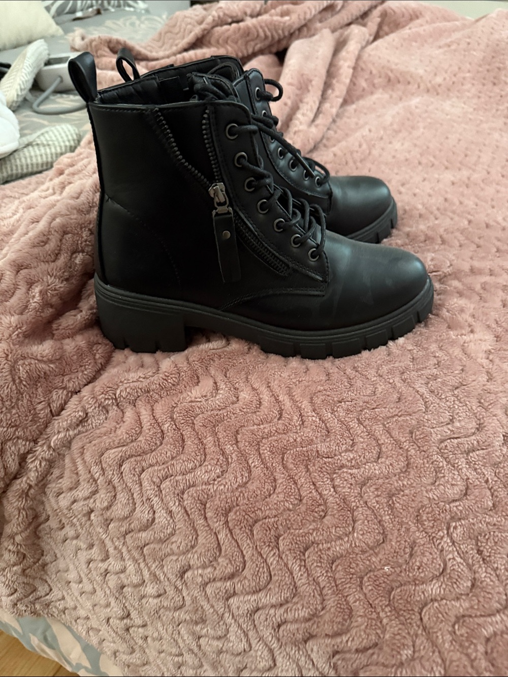 Wanted Black Lace-Up Chunky Combat Boots with Side Zipper
